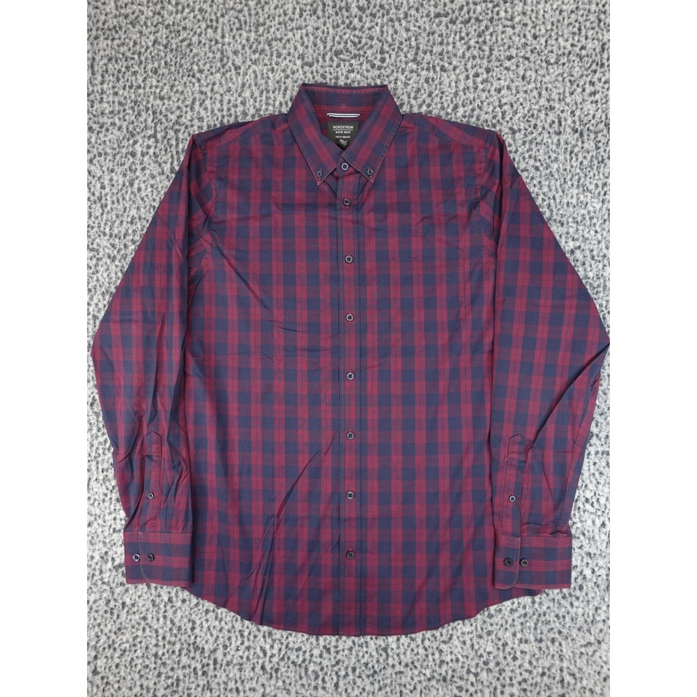 Nordstrom Button Down Shirt Mens LT Burgundy Tech-Smart Regular Fit Gingham
